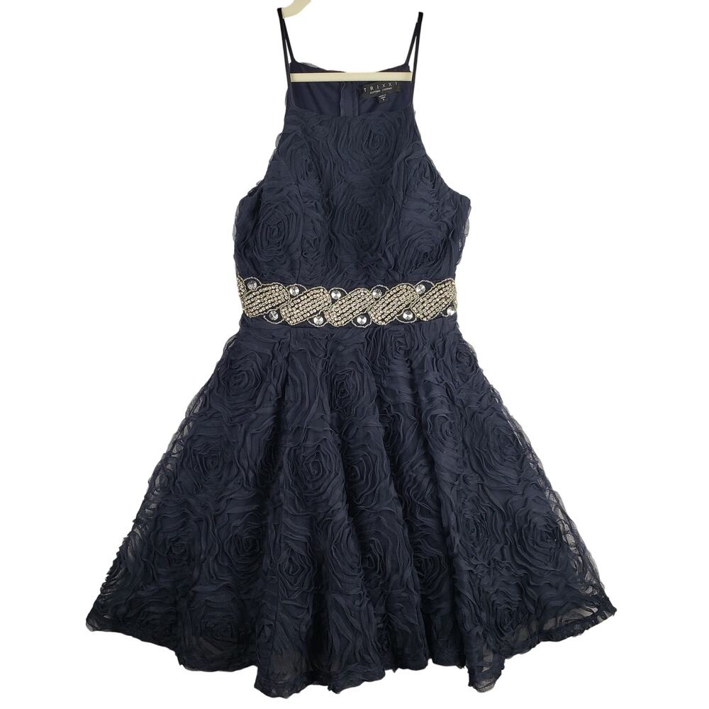 Trixxi Size 5 High‎ Neck Fit & Flare Mini Dress Navy Textured Floral Rhinestone